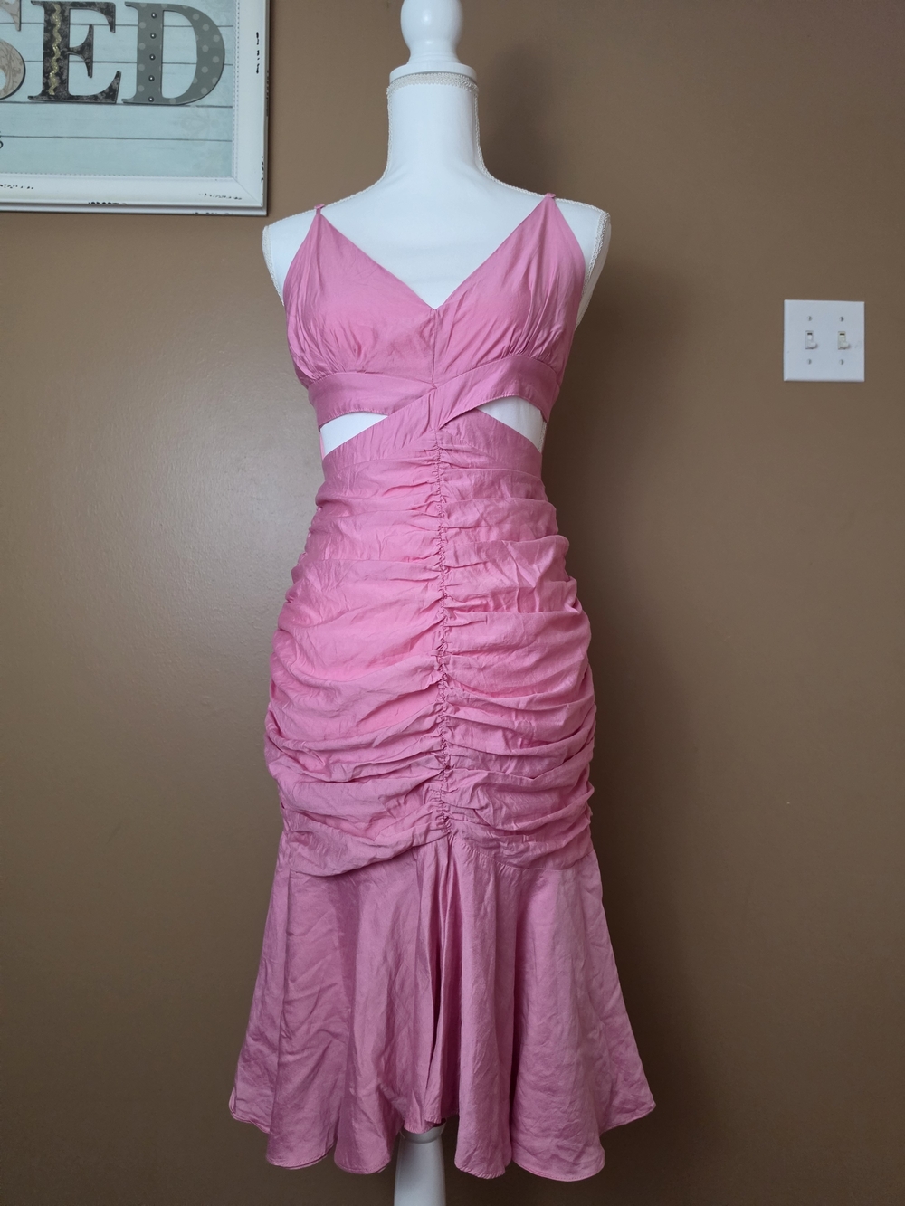 DO+BE Pink Ruched Cutout Midi Mermaid Dress